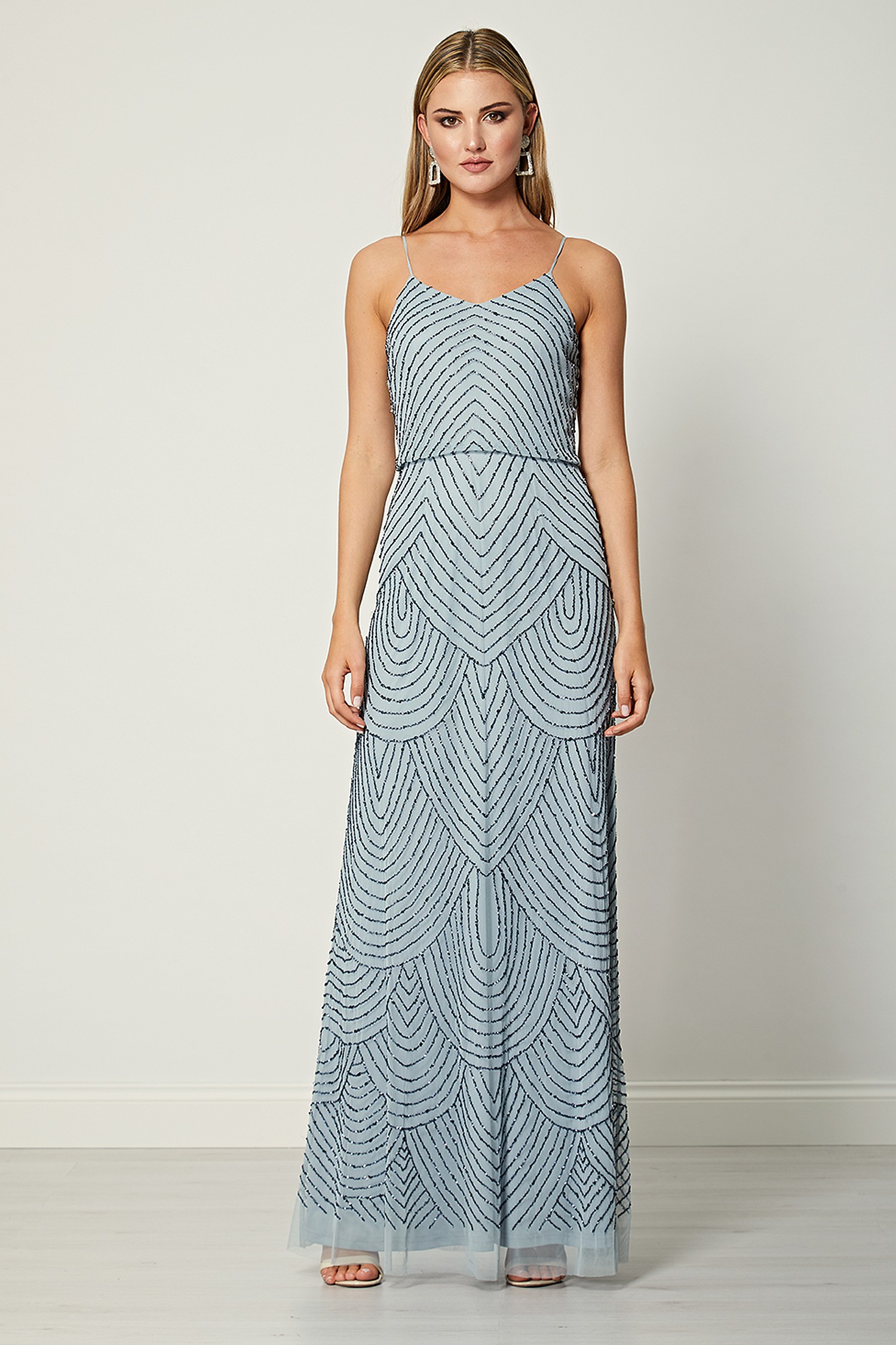 ANGELEYE Cami Sequin Stripe Embellished Maxi Dress in Light Blue