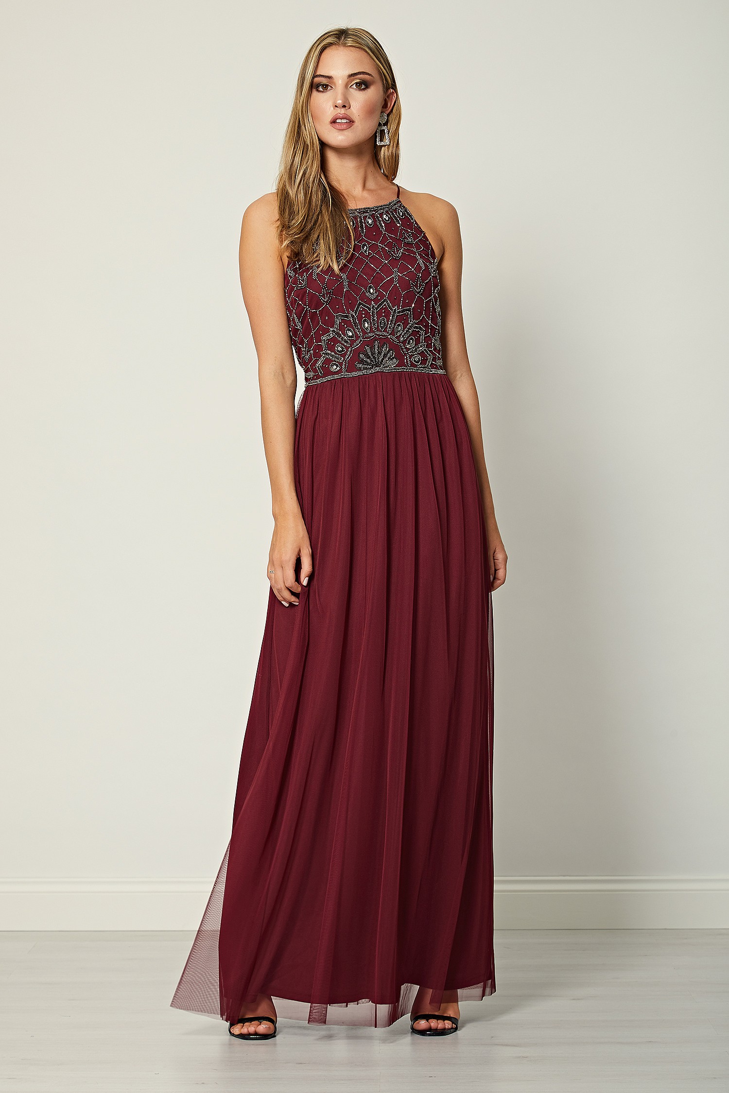 burgundy embellished maxi dress