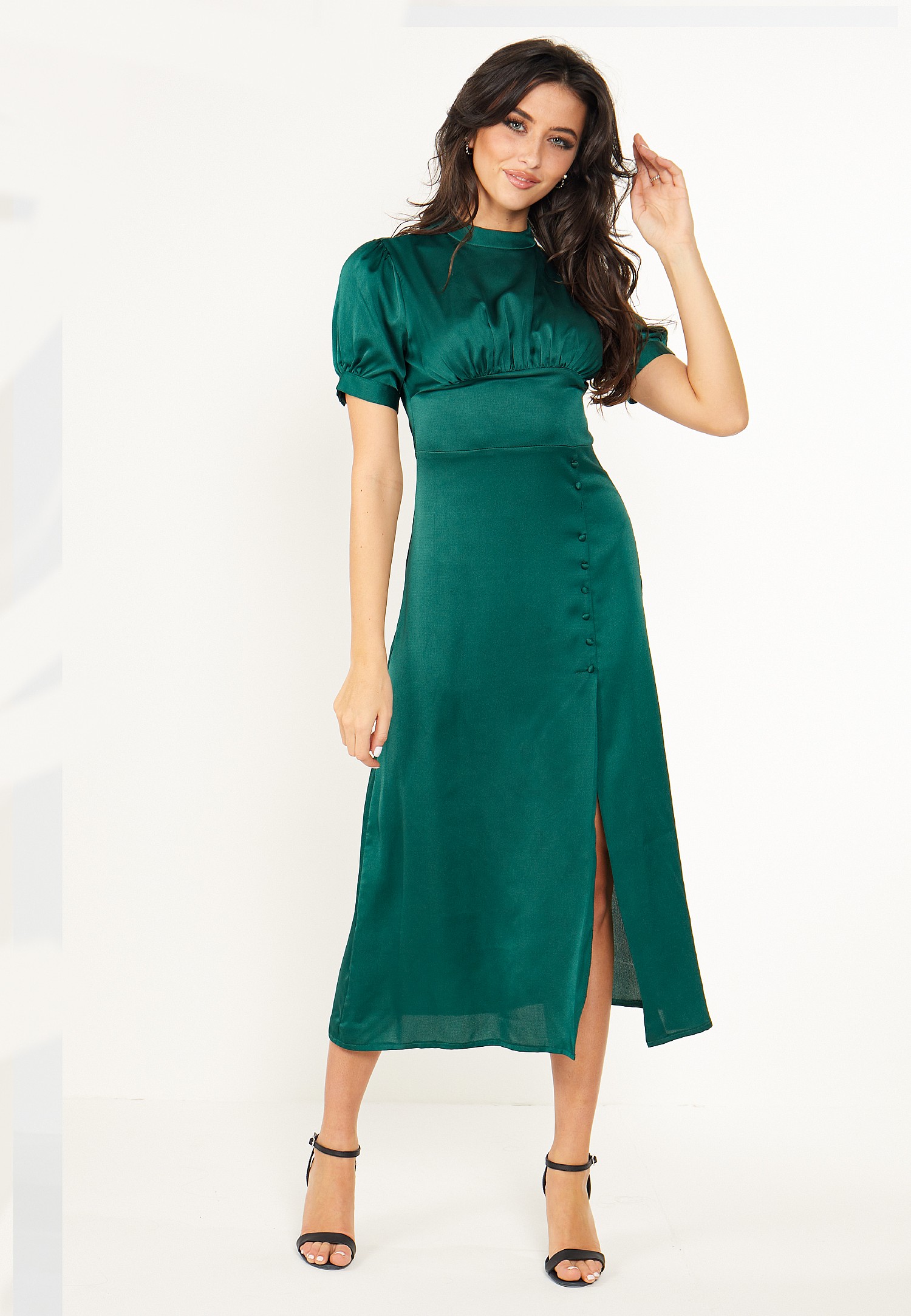 ANGELEYE Satin Touch Midi Dress with Short Sleeves in Emerald Green