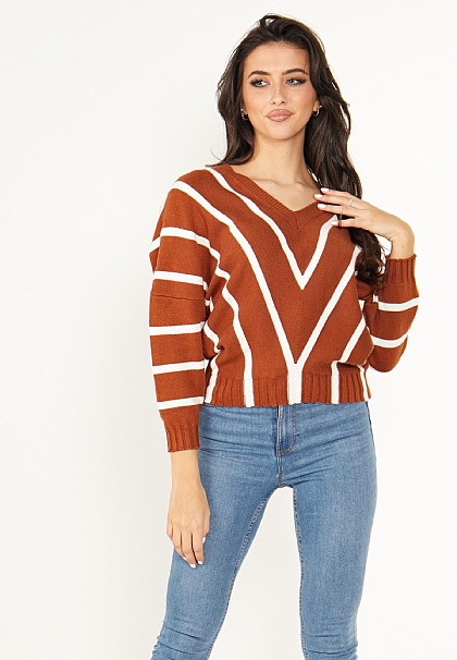 Striped Oversized Knitted Sweater in Brown