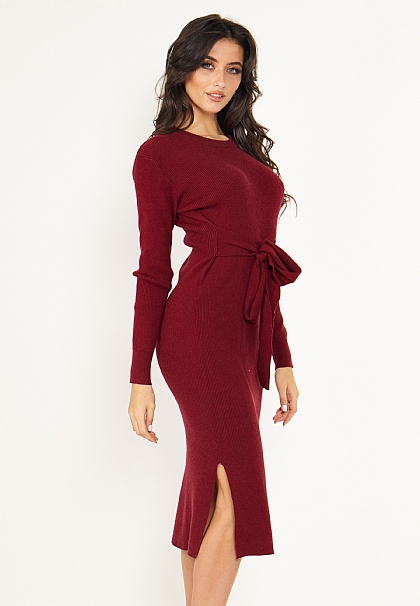 Knitted Split Ribbed Belted Midi Dress
