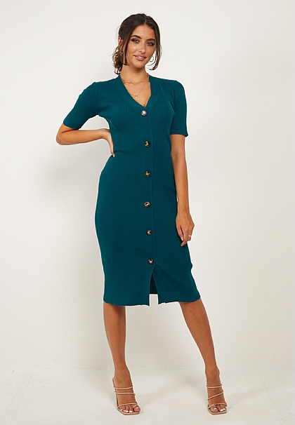Ribbed V Neck Buttoned Dress in Teal
