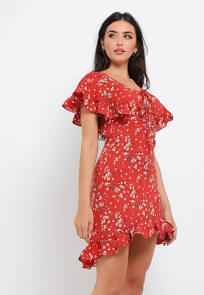 Floral Printed Ruched Summer Mini Dress in Red