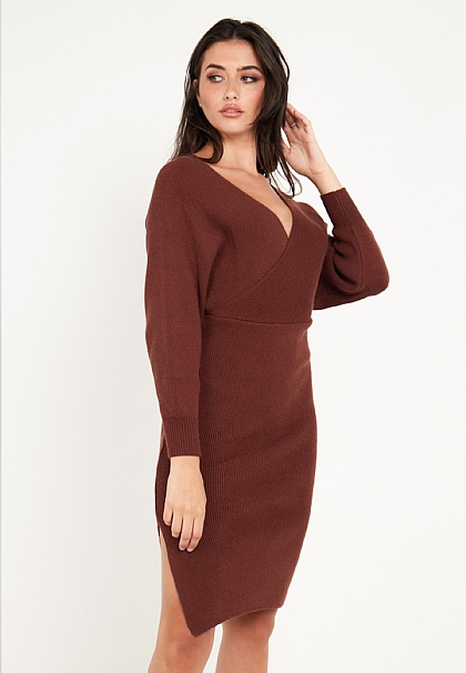 Knitted Batwing Wrap Midi Dress in Chocolate