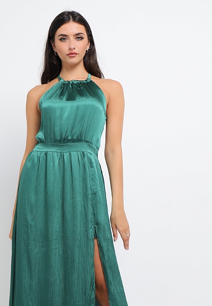Satin Halter Neck Maxi Dress in Emerald Green