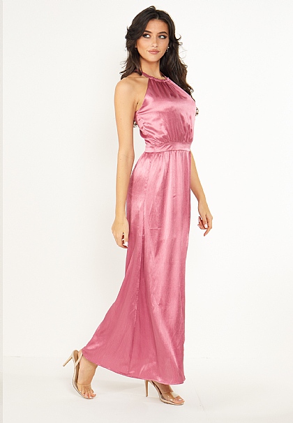 Satin Halter Neck Maxi Dress in Blush Pink