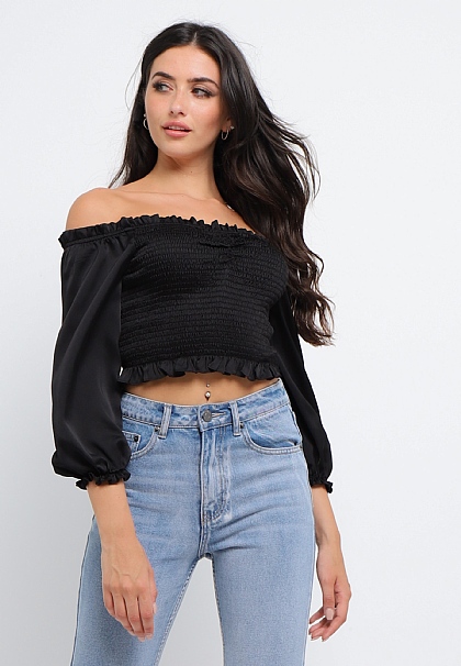 Off The Shoulder Ruched Long Sleeve Top in Black