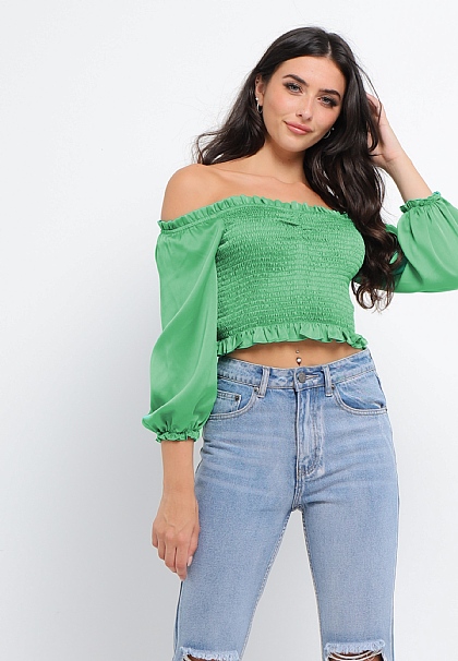 Off The Shoulder Ruched Long Sleeve Top in Green