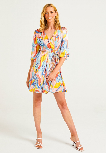 Belted Mini Dress in Abstract Multi Print