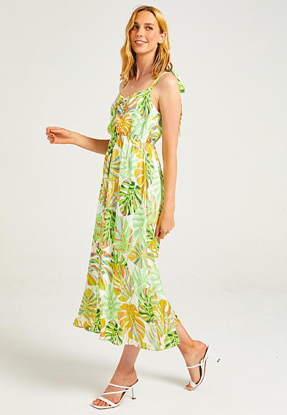 Strappy Tie Midi Chiffon Dress in Tropical Print