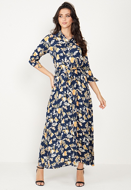 Floral Tie Sleeves Maxi Shirt Dress