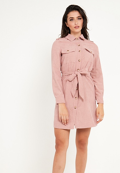 Cord Shirt Belted Dress in Pink