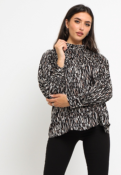 High Neck Satin Blouse in Abstract Printed Black