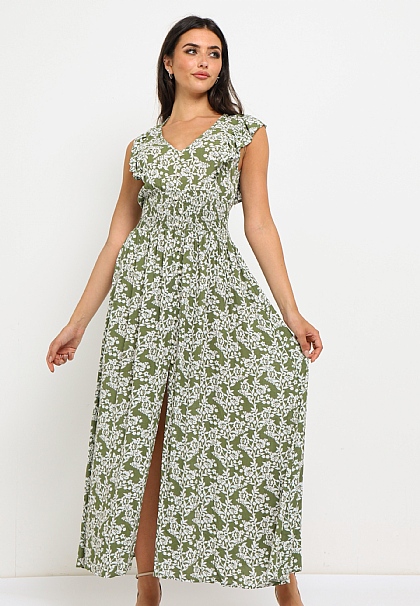 Floral Ruffled Print Maxi Dress in Green and White
