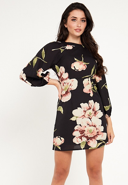 Bloom Floral Mini Dress in Black and Pink