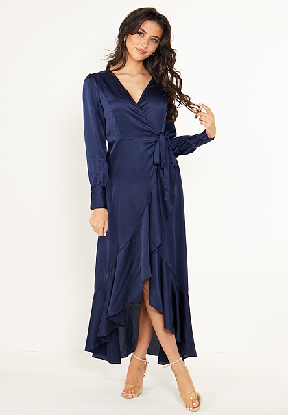 Long Sleeve Asymmetrical Maxi Wrap Dress