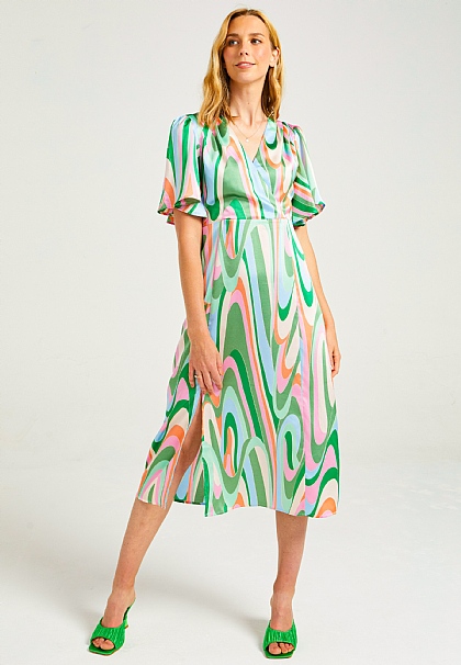 Angel Sleeves V-Neck Midi Dress with Side Slit in Multi Abstract Print