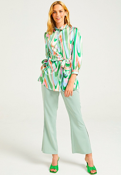 Long Shirt Tie Waist in Multi Abstract Print
