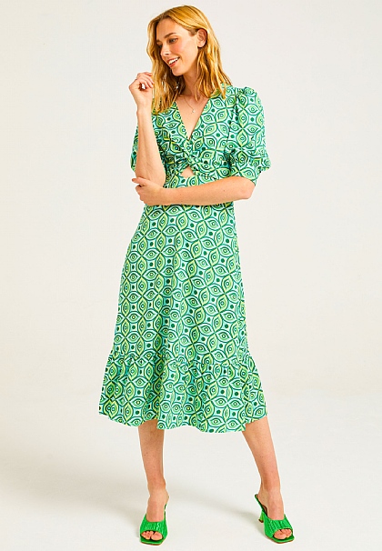 Puff Sleeve Front Knot Midi Tea Dress in Green Geometric Print