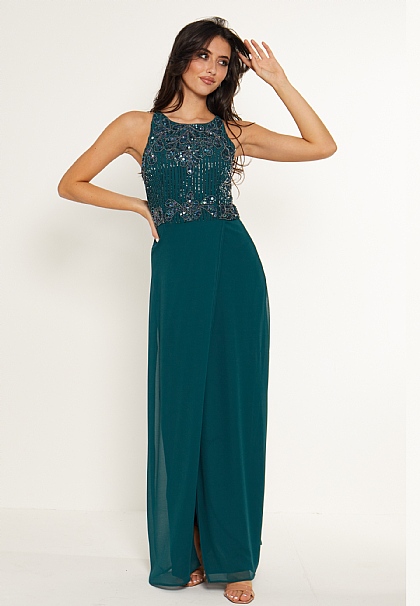 Embellished Maxi Evening Dress in Emerald Green