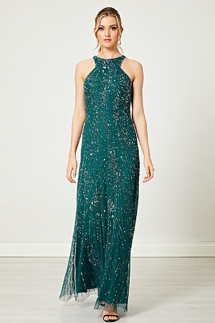Long Evening Embellished Sequin Maxi Dress in Emerald Green