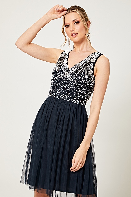 Navy Embellished Pearl Sequin Mini Dress