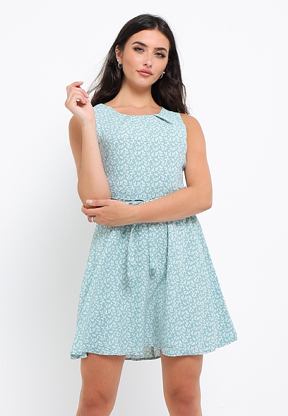 Belted Mini Floral Print Dress in Sage Green