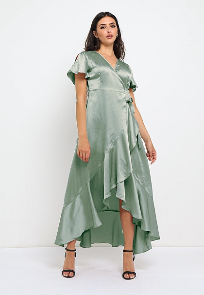 Satin Wrap Maxi Dress with Ruffled Hem in Sage Green