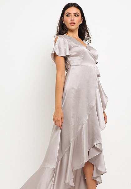 Satin Wrap Maxi Dress with Ruffled Hem in Silver