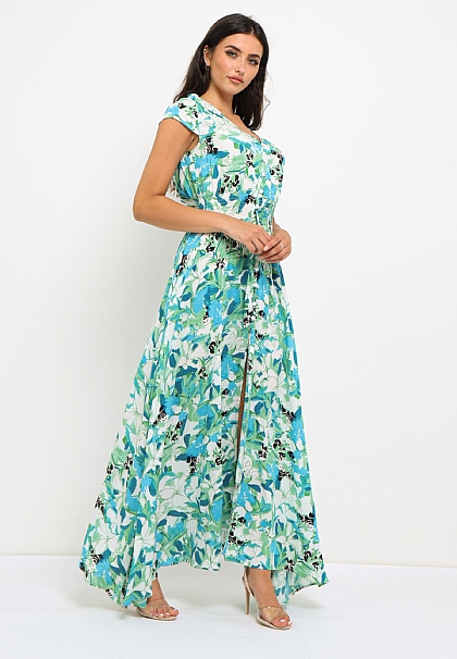 Floral Print Maxi Dress in Green and Blue