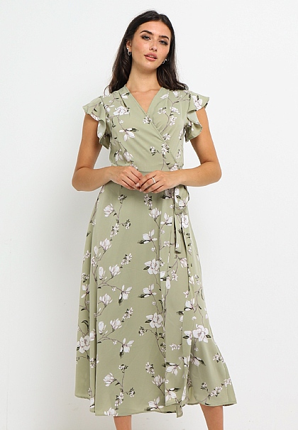 Floral Wrap Maxi Dress with Ruffled Sleeves in Sage Green