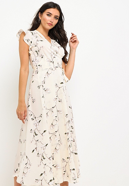 Floral Wrap Maxi Dress with Ruffled Sleeves in White