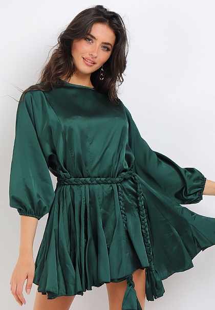 Satin Mini Dress in Emerald Green
