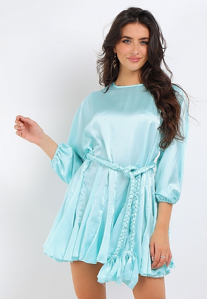 Satin Belted Mini Dress in Turquoise