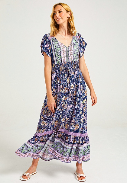 Floral Summer Maxi Dress with Elasticated Waist in Navy