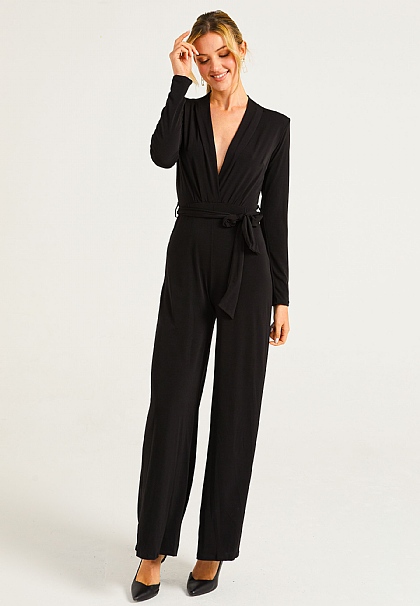 Wide Leg Jumpsuit with Long Sleeves in Black
