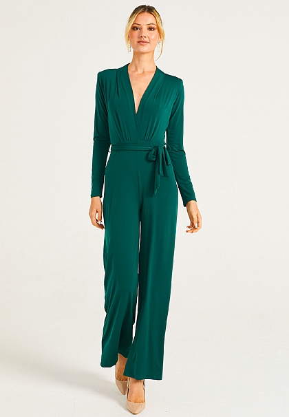 Wide Leg Jumpsuit with Long Sleeves in Green