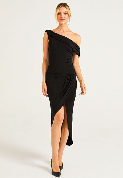 Off Shoulder Faux Wrap Dress with Leg Slit in Black