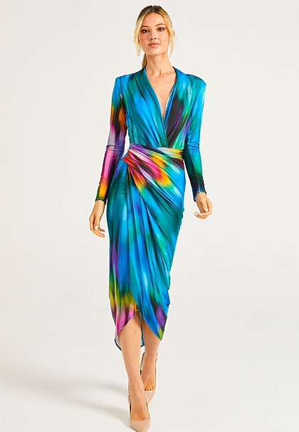 Faux Wrap Plunge Neck Midi Dress in Tie Dye Print