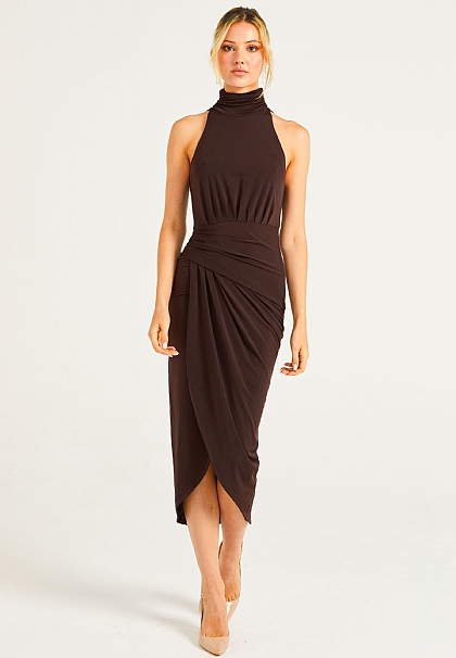 Halter neck Faux Wrap Dress in Chocolate Brown