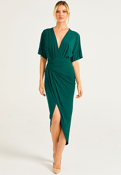 Faux Wrap Midi Dress with Flutter Sleeve in Green