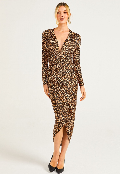 Faux Wrap Plunge Neck Midi Dress in Leopard Print