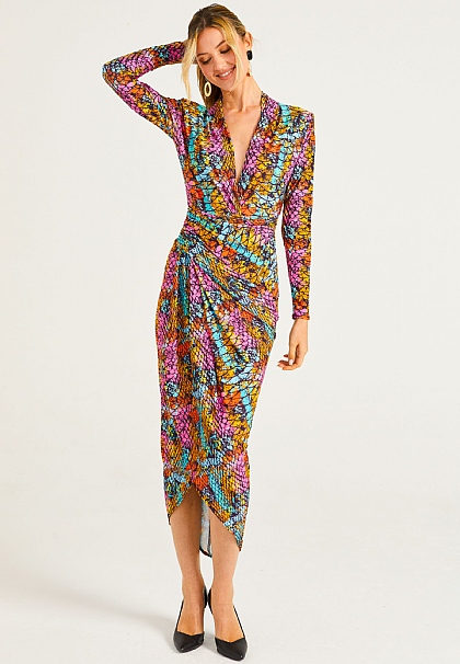 Faux Wrap Plunge Neck Midi Dress in Multicolour Snake Print