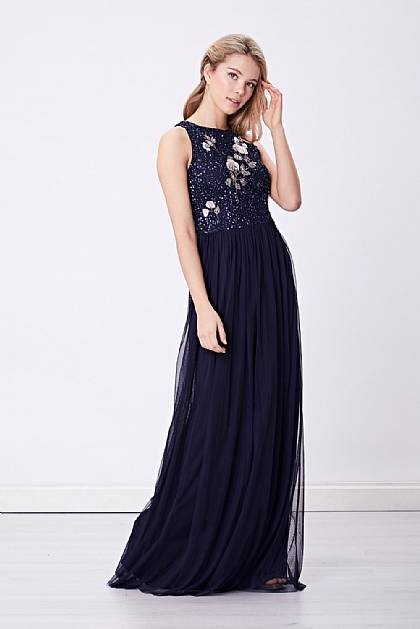 Bridesmaid Floral Sequin Embellished  Maxi Dress in Navy