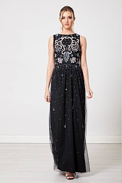 Bridesmaid Embellished Maxi Dress with High Neck in Black