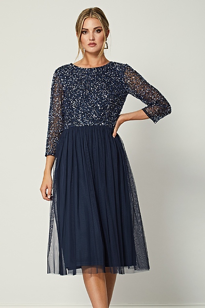 Embellished Sequin Sleeve Midi Dress