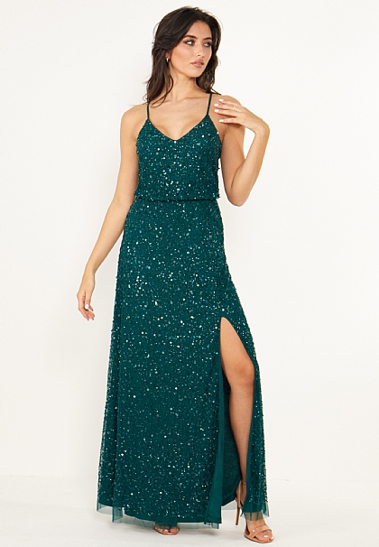 Bridesmaid Maxi Dress with Embellished Scatter Sequins in Emerald