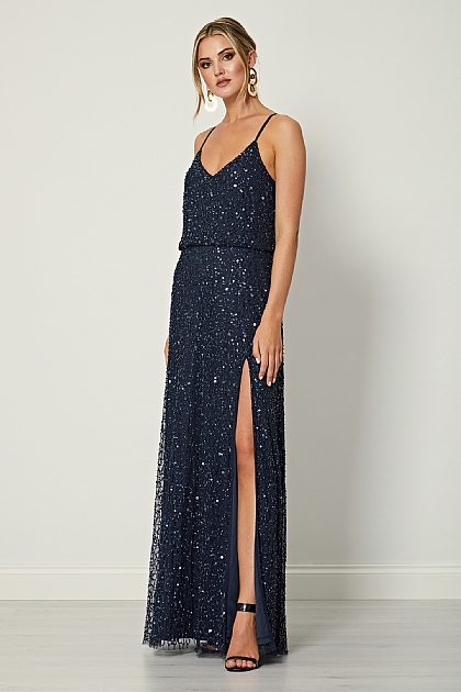 Embellished Sequin Maxi Dress in Navy