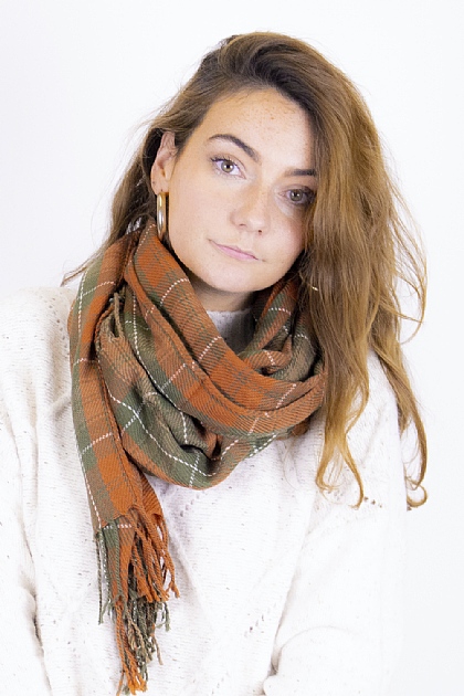 Checked Tartan Blanket Scarf in Green and Orange