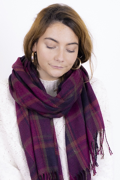 Checked Tartan Blanket Scarf in Purple and Green